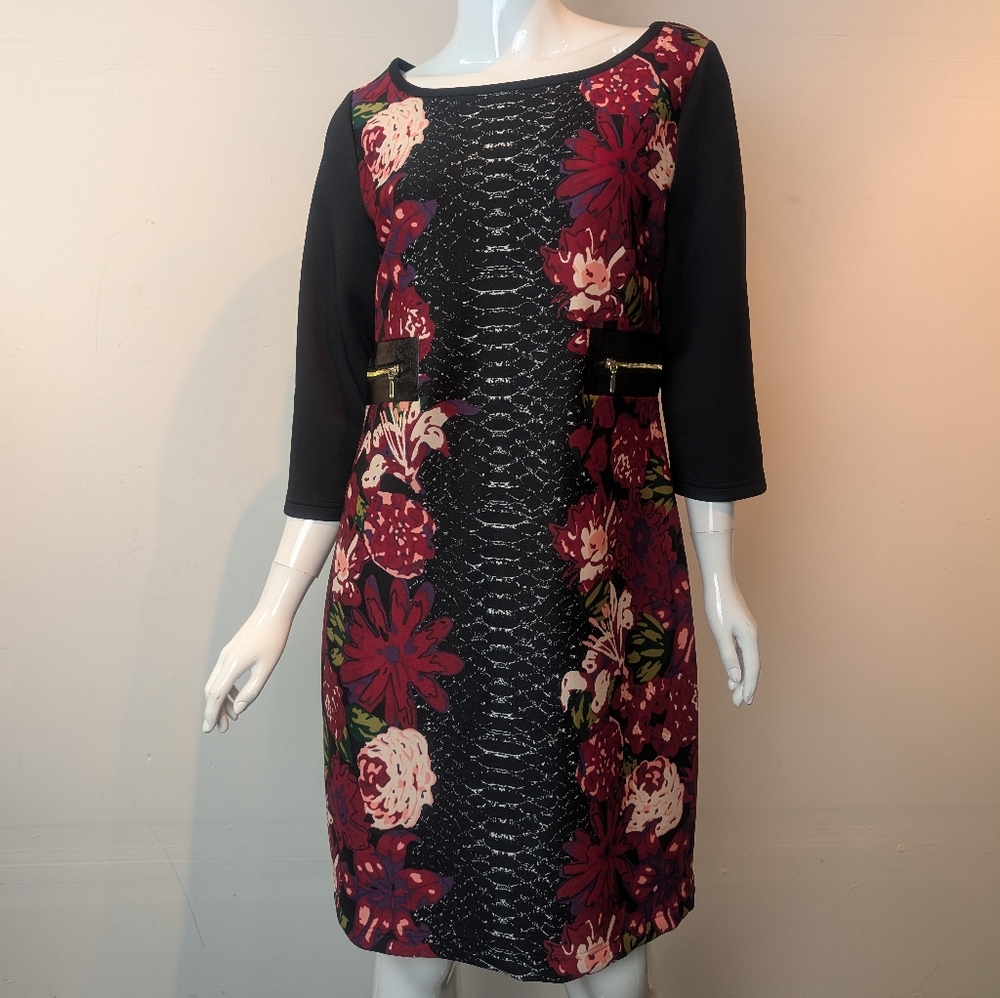 Monroe & Main Black Floral Midi Dress with Burgundy and Cream Accents